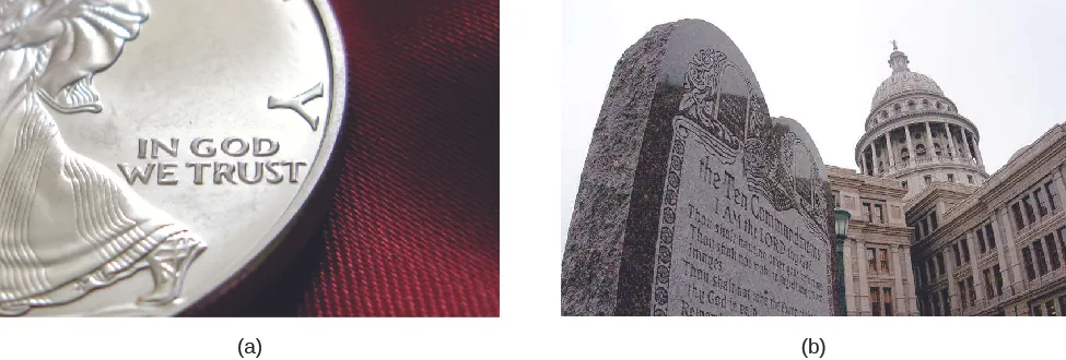 Photo A is of a close up of an U.S. coin. The words “In God we trust” can be seen on the coin. Photo B is of a sculpture that lists the Ten Commandments. There is a building with a dome in the background.