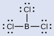 Una estructura de Lewis representa un átomo de boro que está unido con enlace simple a tres átomos de cloro, cada uno de los cuales tiene tres pares solitarios de electrones.