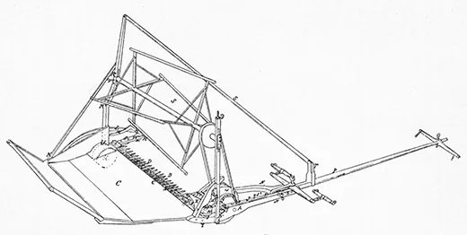 A mechanical drawing shows the workings of a grain reaper, with parts labeled.
