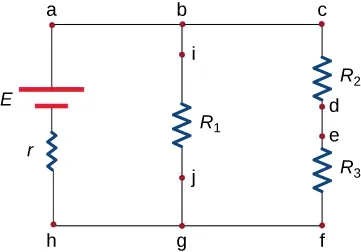 A circuit is drawn with points a, b, and c across the top from left to right and points h, g, and f across the bottom from left to right. Segment ah from top to bottom has a battery with voltage E and a resistor with resistance r. Segment bg from top to bottom has point i, a resistor marked R1, and point j. Segment cf from top to bottom has resistor with resistance R2, point d, point e, and a resistor with resistance R3.