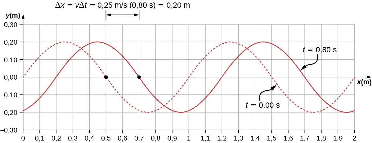 La figura muestra dos ondas transversales cuyos valores y varían de –0,2 m a 0,2 m. Una onda, marcada con t = 0 segundos, se muestra como una línea punteada. Tiene crestas en x iguales a 0,25 m y 1,25 m. La otra onda, marcada como t = 0,8 segundos se muestra como una línea sólida. Tiene crestas en x iguales a 0,45 m y 1,45 m.