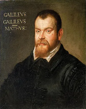 A painting of Galileo Galilei is shown.