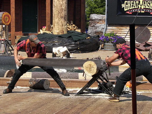 Image of two men at a crosscut saw event.