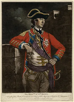 A portrait of General William Howe is shown. He wears a red military coat, a tricorner hat, and a sword.
