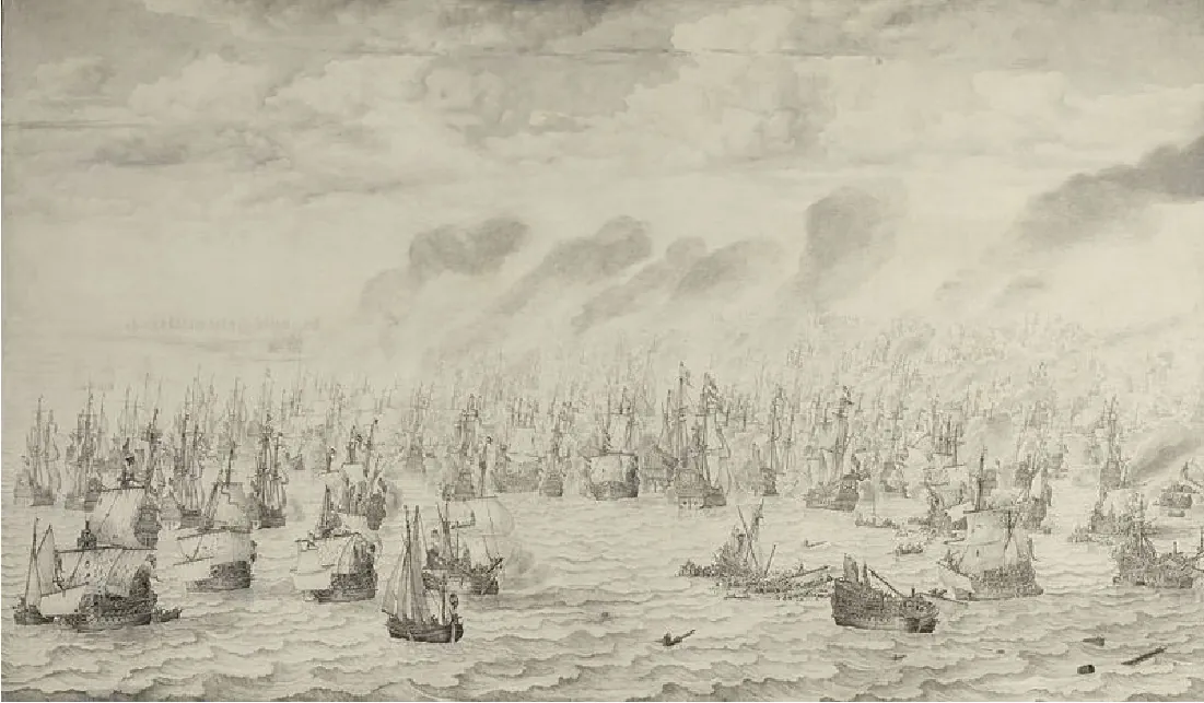 The oil painting shows boats with white masts filling the choppy waters on a black and white background. Some boats are destroyed, smoking and sinking, while others are still floating. Smoke billows out into the sky and people and debris are shown floating in the water.