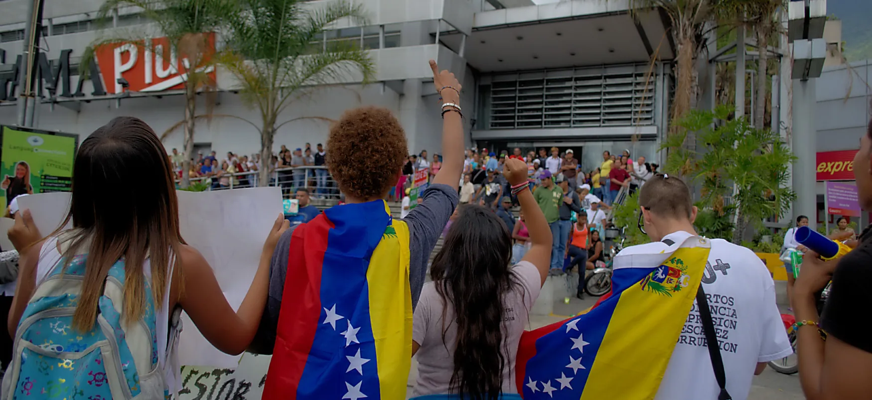 A large group of people gather outside a building by a palm tree. Some protesters hold signs; others have draped the Venezuelan flag around their shoulders.