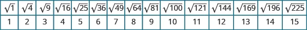 A table is shown with 2 columns. The first column contains the values: square root of 1, square root of 4, square root of 9, square root of 16, square root of 25, square root of 36, square root of 49, square root of 64, square root of 81, square root of 100, square root of 121, square root of 144, square root of 169, square root of 196, and square root of 225. The second column contains the values: 1, 2, 3, 4, 5, 6, 7, 8, 9, 10, 11, 12, 13, 14, and 15.