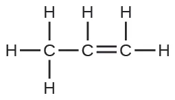Se muestra una estructura de Lewis en la que un átomo de carbono está unido con enlace simple a tres átomos de hidrógeno y a un segundo átomo de carbono. El segundo carbono tiene un enlace simple con un átomo de hidrógeno y un doble enlace con un tercer átomo de carbono que tiene un enlace simple con dos átomos de hidrógeno.