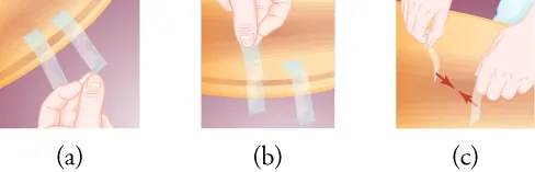 This image has three parts. Part a shows two pieces of sticky tape attached to the edge of an arc-shaped object, with someone's fingers near the end of one tape. Part b shows someone's fingers lifting one tape piece away from the arc-shaped object, while the other tape piece remains attached to the object. Part c shows a left hand and a right hand, each holding a piece of tape from one end. Two short red arrows, each starting from the free end of a piece of tape, point toward each other.