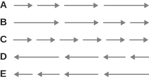 The gray arrows are organized in 5 horizontal rows and labeled on the left edge as A, B, C, D, E. The left edge of the arrows on each row line up in a vertical line as well as the right edge of each row of arrows (the sum of all are the same length). The arrows in each of the rows are as follows: Row A's four arrows are pointing right: shortest, slightly longer, longer yet, longest. Row B's four arrows are pointing right: longest, slightly shorter, shorter yet, shortest (same direction but reverse order of sizes of A's row. Row C's arrows are pointing right: There are six arrows all the same as the shortest size of the arrows in row A and B (but the total length of all arrows and spaces is the same in all rows). Row D's four arrows are pointing left: longest, slightly shorter, shorter yet, shortest (same size but opposite direction of B's row). Row E's four arrows are pointing left: shortest, slightly longer, longer yet, longest (same size but opposite direction of A's row).