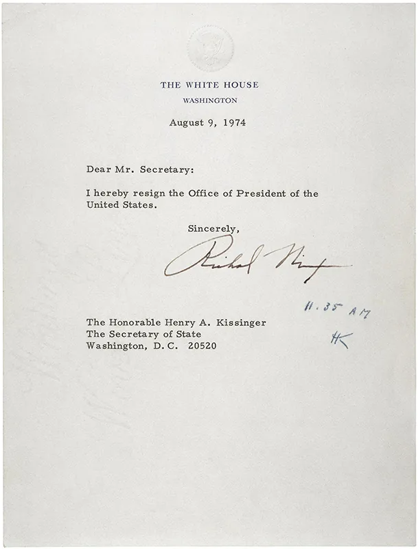 The resignation letter of President Richard Nixon (1913–1994), written on August 9, 1974, is an example of a primary source.