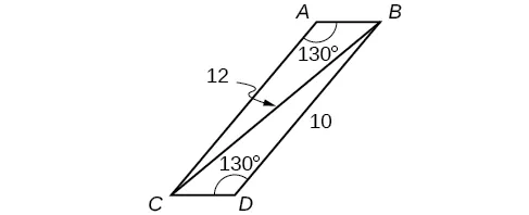 Un paralelogramo con vértices A, B, C y D. Hay una diagonal del vértice B al vértice C. El ángulo A es de 130 grados, el ángulo D es de 130 grados, el lado B D es de 10 y la diagonal B C es de 12.