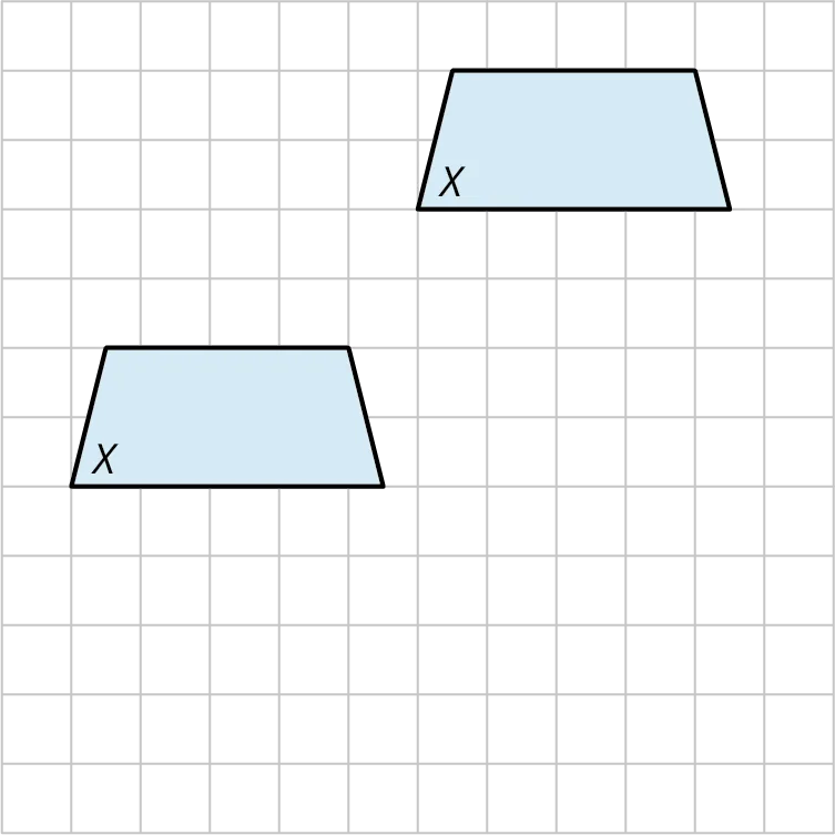 Two trapezoids are plotted on a rectangular grid. Each trapezoid can be described as follows. The top side measures 3.5. From its right, it goes 2 units bottom-right, then goes 4.5 units left, and then goes 2 units top-left. The first trapezoid is on the left-center of the grid. The second trapezoid is at the top-right of the grid. The first trapezoid is translated 5 units to the right and 5 units vertically.