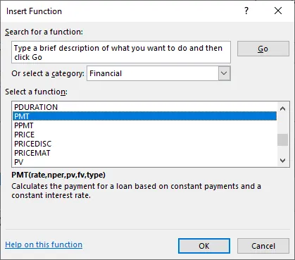 A screenshot of the Insert Function window, where the PMT function is selected.