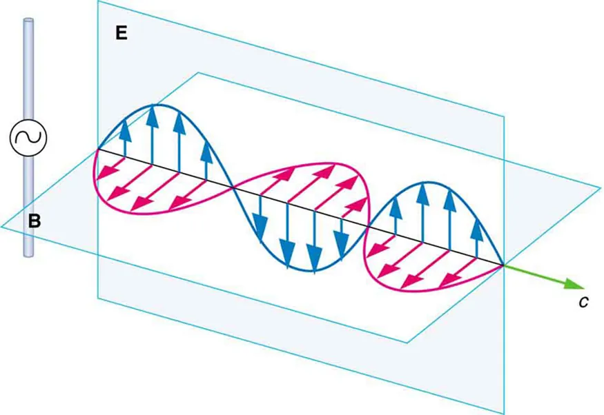 A part of the electromagnetic wave sent out from the antenna at one instant in time is shown. The wave is shown with the variation of two components, E and B, moving with velocity c. E is a sine wave in one plane with small arrows showing the vibrations of particles in the plane. B is a sine wave in a plane perpendicular to the E wave. The B wave has arrows to show the vibrations of particles in the plane. The waves are shown intersecting each other at the junction of the planes because E and B are perpendicular to each other. E and B are in phase, and they are perpendicular to one another and to the direction of propagation.