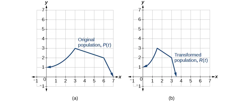 Two side-by-side graphs. The first graph has function for original population whose domain is [0,7] and range is [0,3]. The maximum value occurs at (3,3). The second graph has the same shape as the first except it is half as wide. It is a graph of transformed population, with a domain of [0, 3.5] and a range of [0,3]. The maximum occurs at (1.5, 3). 