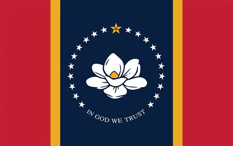 The current state flag of Mississippi, adopted in 2021, shows a magnolia flower in a blue field and surrounded by stars. Stripes of red and gold appear on both sides of the flower.