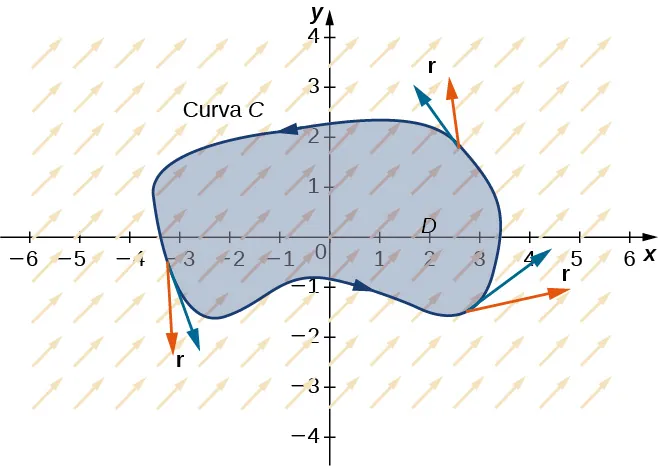 Un campo vectorial en dos dimensiones con todas las flechas apuntando hacia arriba y hacia la derecha. Una curva C orientada en sentido contrario a las agujas del reloj secciona una región D alrededor del origen. Es una región simple y cerrada.