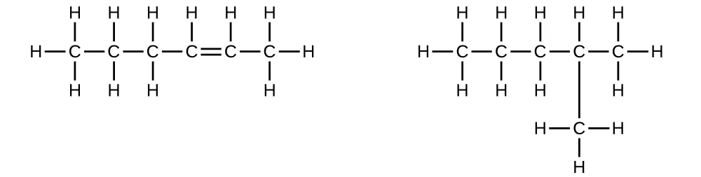 Se muestran dos fórmulas estructurales. En la primera, se muestra una cadena de seis átomos de carbono con un único doble enlace entre los carbonos dos y tres contando de derecha a izquierda a través de la molécula, con doce átomos de H enlazados en total. Los átomos de H están enlazados en cada extremo de la molécula, así como en la parte superior. Los átomos de H también están enlazados por debajo de todos los átomos de C, excepto los que participan en el doble enlace. En la segunda estructura, se muestra una cadena de hidrocarburos de cinco átomos de C conectados por enlaces simples. Un único C con tres átomos de H unidos está enlazado por debajo del segundo carbono contando de derecha a izquierda a través de la molécula.