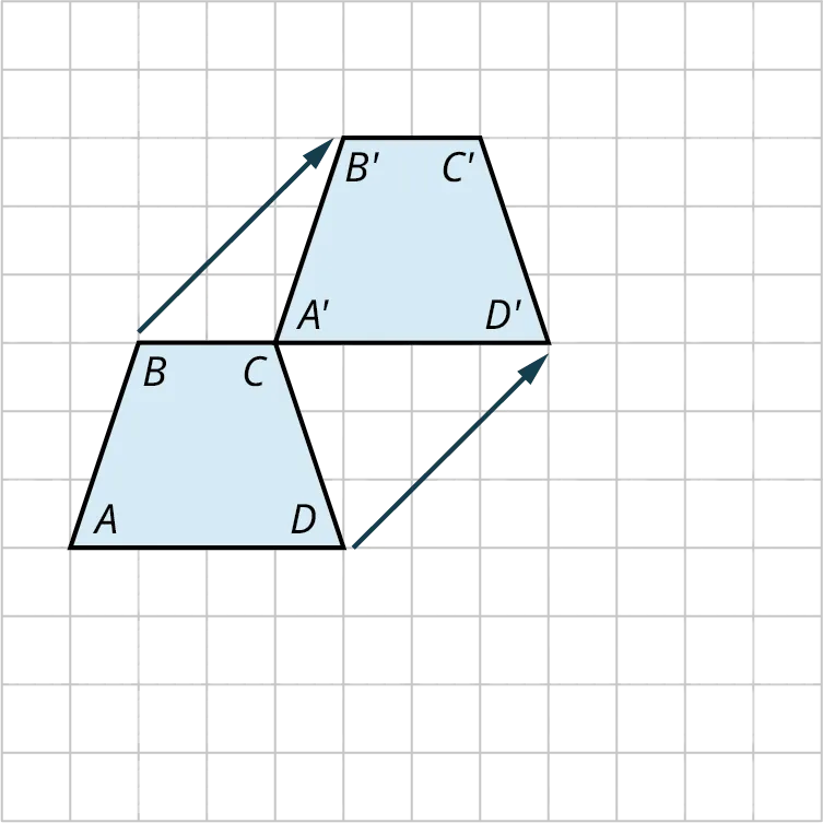 A trapezoid is translated on a rectangular grid. The vertices of the original trapezoid are A, B, C, and D. The trapezoid can be described as follows. The top side measures 2 units. From its right, it goes 3 units bottom-right, then goes 4 units left, and then goes 3 units to the top-right. The trapezoid is translated 3 units to the right and 3 units up. The vertices of the translated trapezoid are A prime, B prime, C prime, and D prime.