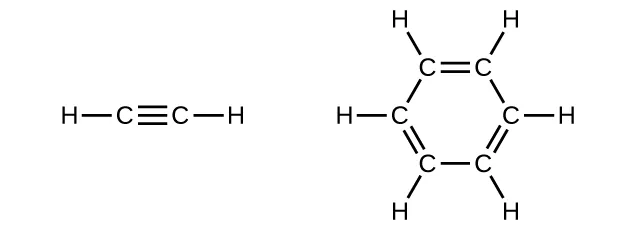 Se muestran dos fórmulas estructurales. La primera muestra dos átomos de C con un triple enlace entre ellos. En cada extremo de la estructura se enlaza un único átomo de H. La segunda estructura implica un anillo de hidrocarburos de 6 átomos de C con un círculo en el centro. Hay dobles enlaces alternos entre los átomos de C. Cada átomo de C está enlazado a un único átomo de H.