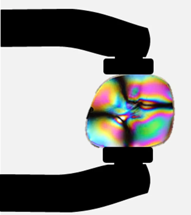 The figure shows a photograph of a transparent circular plastic lens that is being pinched between clamp fingers. The lens is deformed and rainbows of colors are visible whose outlines roughly follow the deformation of the object.