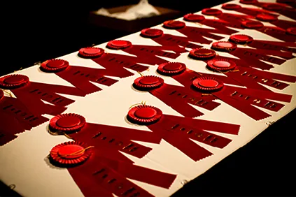 Several red winner’s ribbons lie on a white table.