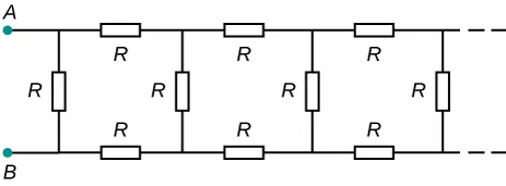 Pokazany jest obwód o nieskończonej długości z pionowym opornikiem R i jego dwoma końcami połączonymi poziomymi gałęziami z opornikami R połączonymi z pionowym opornikiem połączonym z poziomymi gałęziami z opornikiem R i tak dalej...