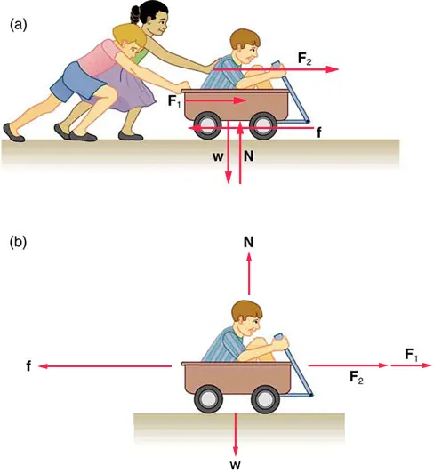 Two diagrams are shown. In the top diagram, two children are pushing a third child who is sitting in a wagon. The forces exerted by the children pushing the wagon are labeled F1 and F2 and point to the right in the direction that the wagon is facing. A friction force vector below the wagon points to the left. A Newton force vector below the wagon points upward. A weight force vector below the wagon points downward. In the bottom diagram, only the child in the wagon is shown. The F1 and F2 vectors are shown ahead of the wagon pointing to the right. The Newton force vector is above the wagon and is pointing upward. The weight force vector is below the wagon and points downward.