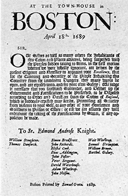 A broadside demanding the surrender of Sir Edmund Andros, with fifteen signatures at bottom, is shown.