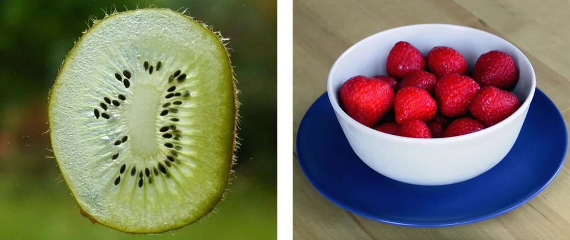Photographs show a thin slice of a green kiwi fruit and a bowl of strawberries.