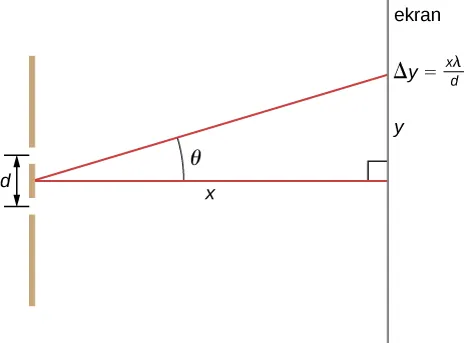 Figura przedstawia po lewej stronie linię i ekran po prawej stronie oddalony od linii o odległość x. w linii po lewej stronie znajdują się dwie szczeliny oddalone od siebie o d. Linia nachylona pod kątem theta do x pada na ekran w punkcie delta y równe x lambda przez d.