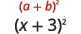 The factored expression, the square of a plus b, is shown over the square of the expression x + 3.