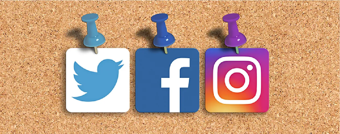 Icons for Twitter, Facebook, and Instagram are shown pinned to a cork board.
