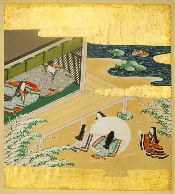 An image is shown on a gold and yellow background. In the image, dark water is seen swirling in a twisted manner in the top right with two green masses on top and two colorful fowl swimming. At the left, a simple house is seen with an open wall facing forward and a black screen wall seen at the back. Green shutters are rolled up on the open wall and inside two women sit wearing large multicolored robes that take up the whole room. A wood porch surrounds the house and in the right front four women with long black hair are seen surrounding a large white round object. They were multicolored robes and have very white faces. Bushes can be seen at the left and right.