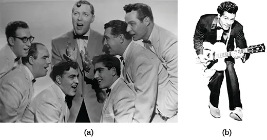 Photograph (a) shows seven young men singing in jackets and bow ties. Three men pose on each side of a central singer, who gestures with his hands as he performs. Photograph (b) shows Chuck Berry in a tuxedo playing the guitar.