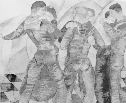 This black and white rendition of Dancing Sailors, 1918, by Charles Demuth shows three couples dancing while some look away from their partners at other dancers.