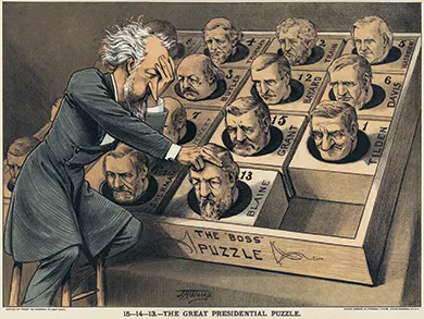 A cartoon shows Roscoe Conkling playing a popular puzzle game of the day with the heads of potential Republican presidential candidates. The caption reads “The Great Presidential Puzzle.”