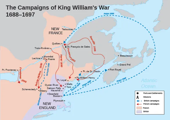 A map shows the campaigns of King William’s War, as well as the French- and British-held areas, missions, forts, and settlements.