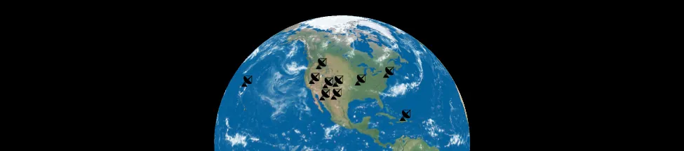 Diagram of the Very Long Baseline Array. The image shows the Northern Hemisphere of Earth centered on North America. Icons of radio antennas are shown distributed throughout the continental United States, as well as on Hawai’i and Puerto Rico.