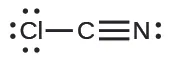 Una estructura de Lewis muestra un átomo de carbono tiene un enlace triple con un átomo de nitrógeno que tiene un único par de electrones. El carbono también tiene un enlace simple con un átomo de cloro que tiene tres pares solitarios de electrones.