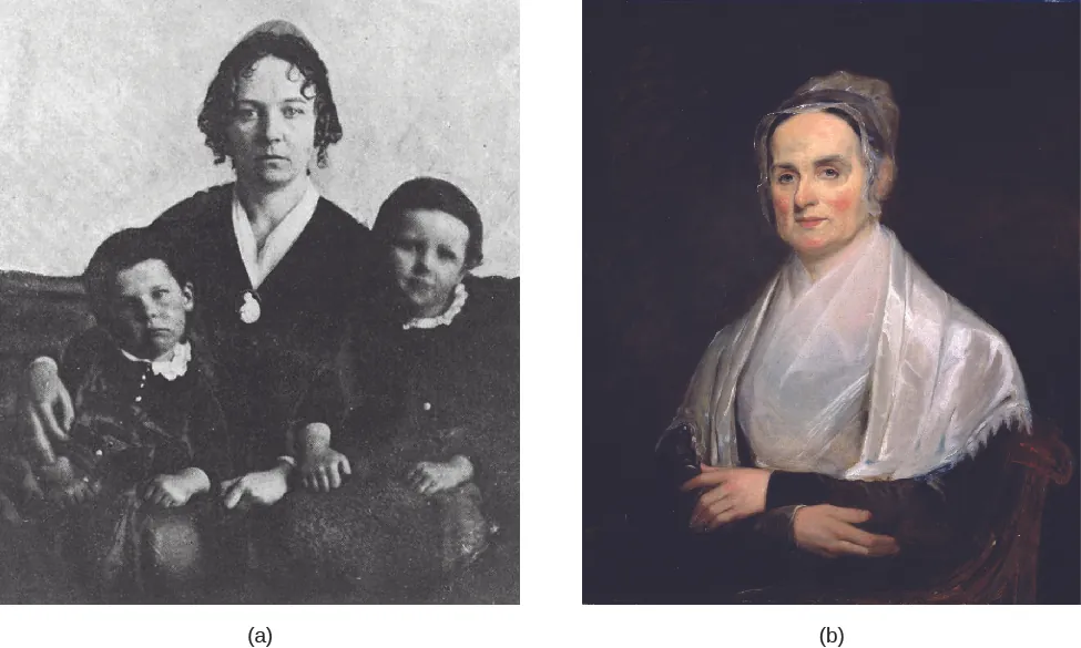 Image A is of Elizabeth Cady Stanton with her arms around two children who are seated on her lap. Image B is of Lucretia Mott standing with arms crossed.