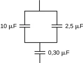 Rysunek przedstawia podukład równolegle połączonych kondensatorów o pojemnościach 10 mikrofaradów i 2,5 mikrofarada połączony szeregowo z kondensatorem o pojemności 0,3 mikrofarada.