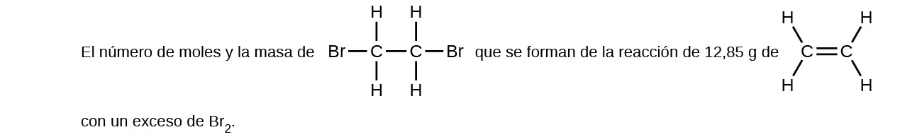 Esta figura incluye dos fórmulas estructurales. Dice: "El número de moles y la masa de", a lo que sigue una estructura con dos átomos de C unidos con una sola horizontal en el centro. Ambos átomos de C tienen átomos de H unidos por encima y por debajo. El átomo C de la izquierda tiene un átomo B r unido a su izquierda. El átomo C de la derecha tiene un átomo B r unido a su derecha. Tras esta estructura, la figura dice: "formado por la reacción de 12,85 g de", a lo que sigue una estructura con dos átomos de C conectados con un doble enlace horizontal. El átomo de C de la izquierda tiene átomos de H unidos por encima y a la izquierda y por debajo y a la izquierda. El átomo de C de la derecha tiene átomos de H unidos por encima y a la derecha y por debajo y a la derecha. La figura termina con "con un exceso de B r subíndice 2".