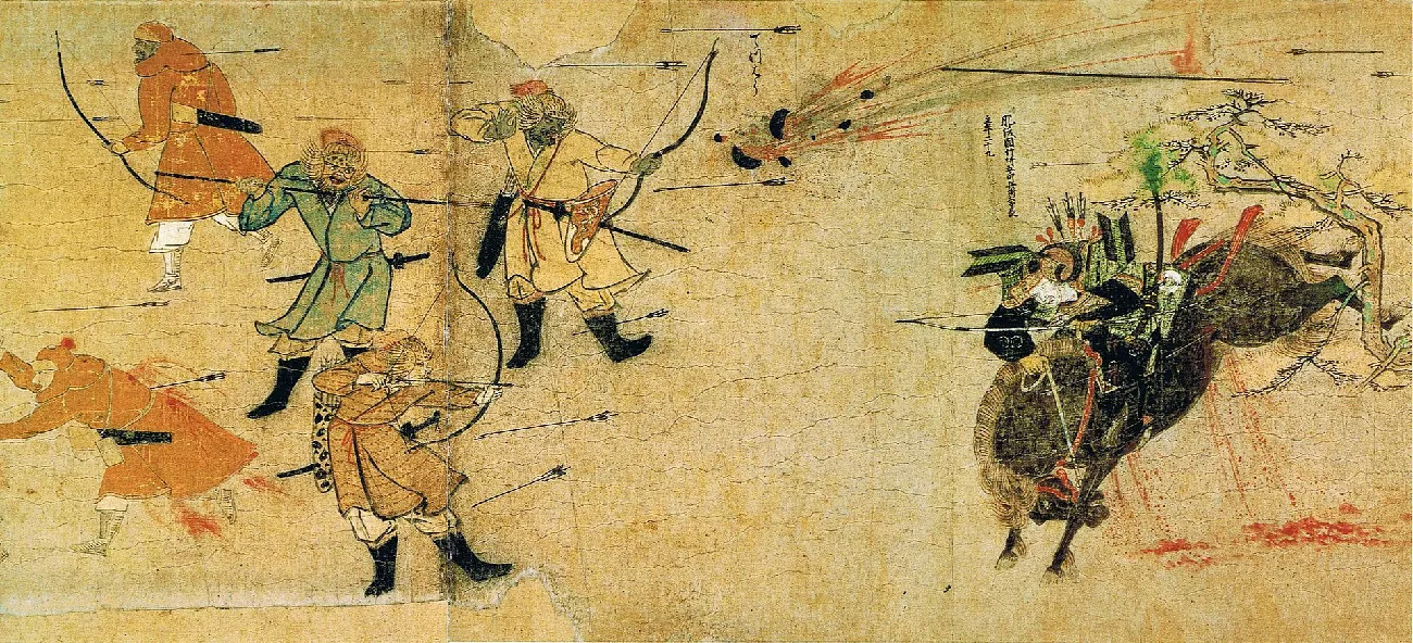 A faded image on a yellow cracked background is shown. At the left, two figures in orange robes with faces obscured are moving toward the left with bows and arrows and black sheathed swords at their belts. A figure in a green robe and winged gold helmet stands next holding a thin spear with a black sword at his belt. Below him a figure with a similar helmet and orange robe shoots a bow and arrow to the right. To the right of the figure in green is a green figure in a yellow robe and winged helmet shooting a bow and arrow while a black object explodes in front of him with red fire surrounding it. At the bottom right, a black horse is shown bleeding from the belly with its hind legs kicking in the air. A faded and obscure figure with arrows is seen on the horse’s back. A brown branch with a few green leaves is shown behind the horse. Arrows are drawn throughout the image.