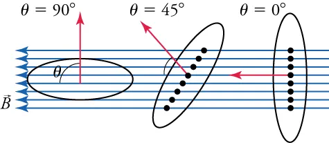 As a wire loop is rotated through a magnetic field, it generates an emf. The dots show where the magnetic field lines intersect the plane defined by the loop.