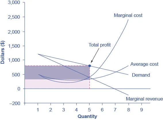 The graph shows revenues and profits for the monopolist at the profit maximizing level of output.
