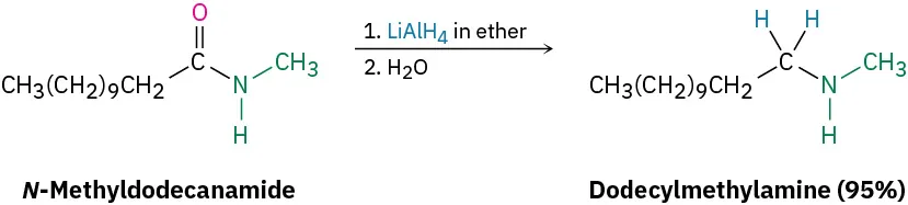The reduction reaction of N-methyldodecanamide with lithium aluminum hydride followed by hydrolysis gives dodecylmethylamine (ninety-five percent). The carbonyl group is reduced to C H 2.