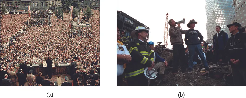 Image A is of John F. Kennedy giving a speech to a large crowd of people. Image B is of George W. Bush speaking through a bullhorn, surrounded by several rescue workers.