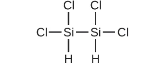 Se muestra una estructura. Un átomo de S i forma un enlace simple con un átomo de C l, un enlace simple con un átomo de C l, un enlace simple con un átomo de H y un enlace simple con otro átomo de S i. El segundo átomo de S i tiene un enlace simple con un átomo de C l, un enlace simple con un átomo de C l y un enlace simple con un átomo de H.